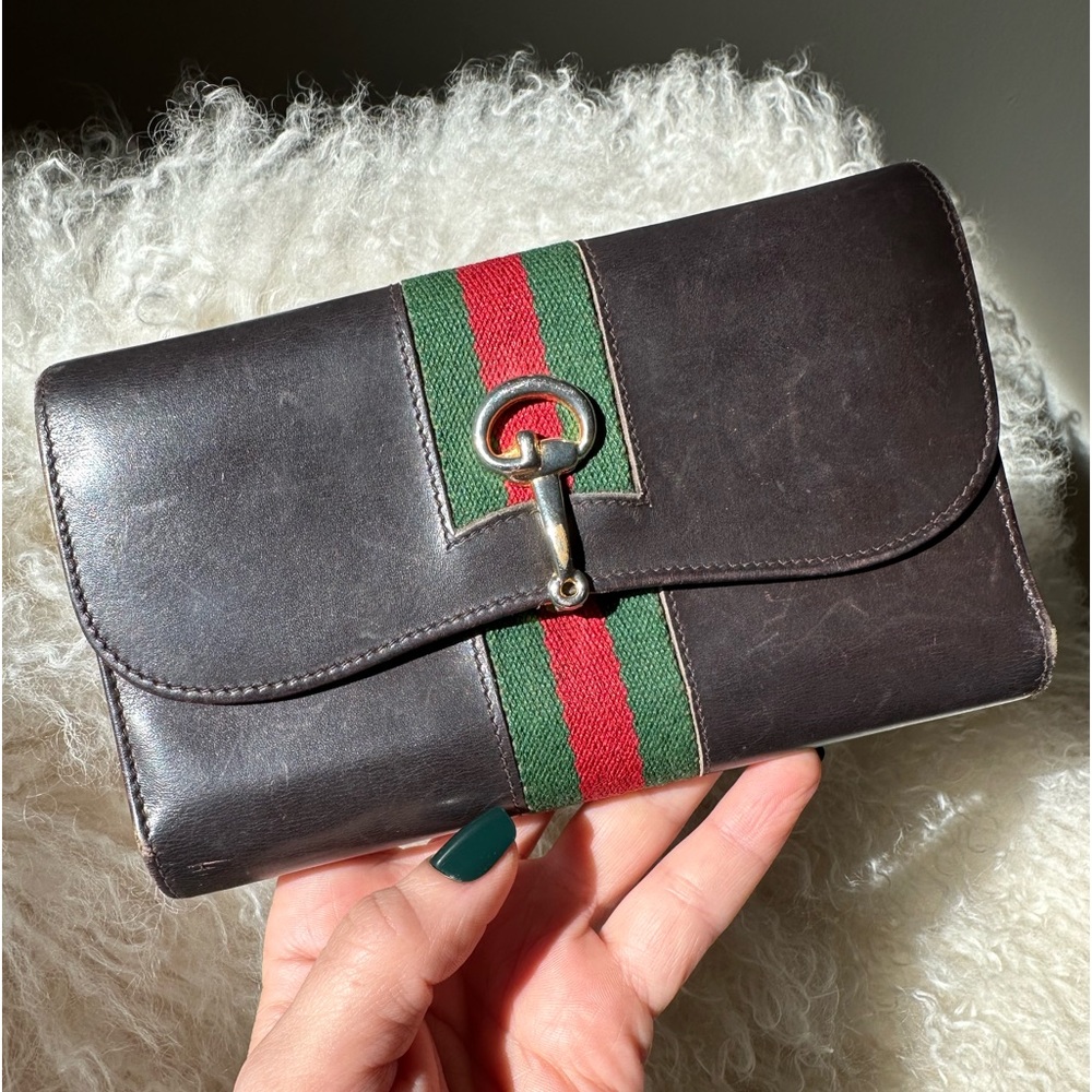 Auth. Gucci Sherry Line Trifold Long Wallet Horsebit Clasp Red Green Stripe VTG